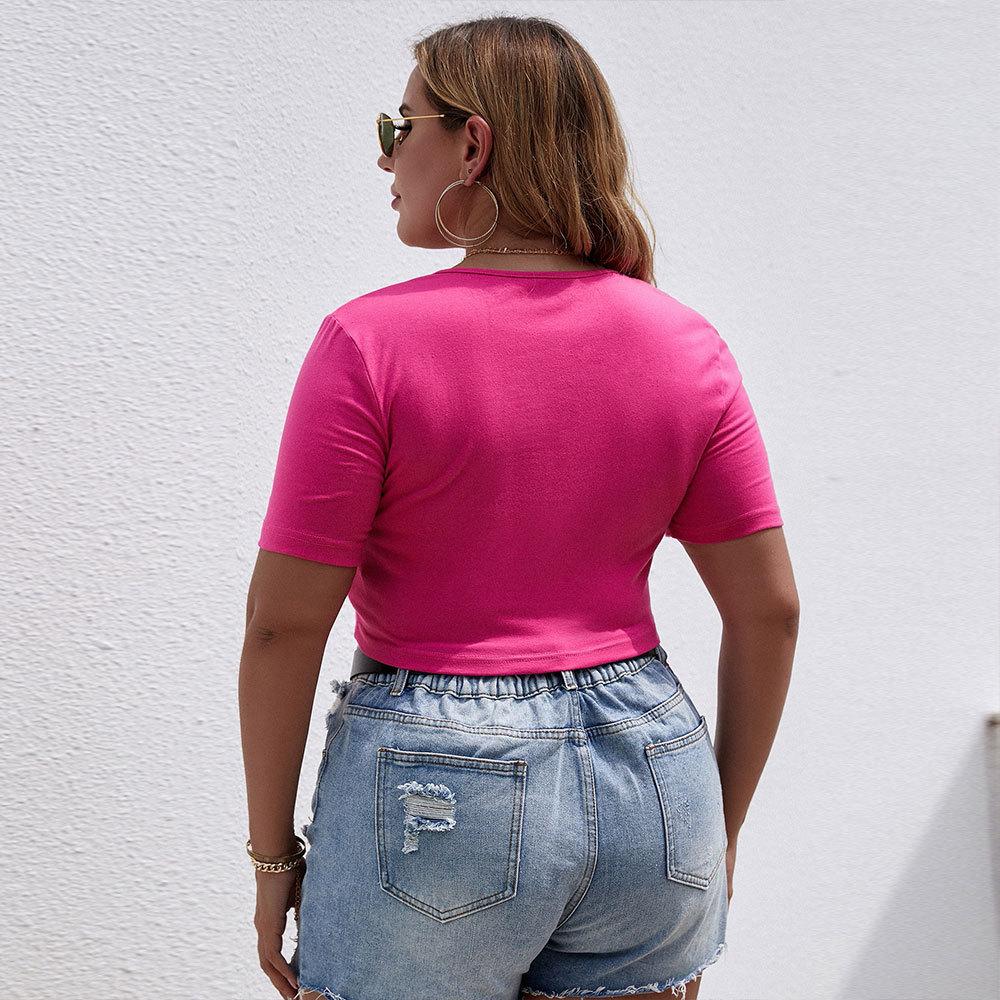 European and American Large-size Women's Clothing New Short Square Collar Slim-fitting Short-sleeved Contrasting T-shirt Top