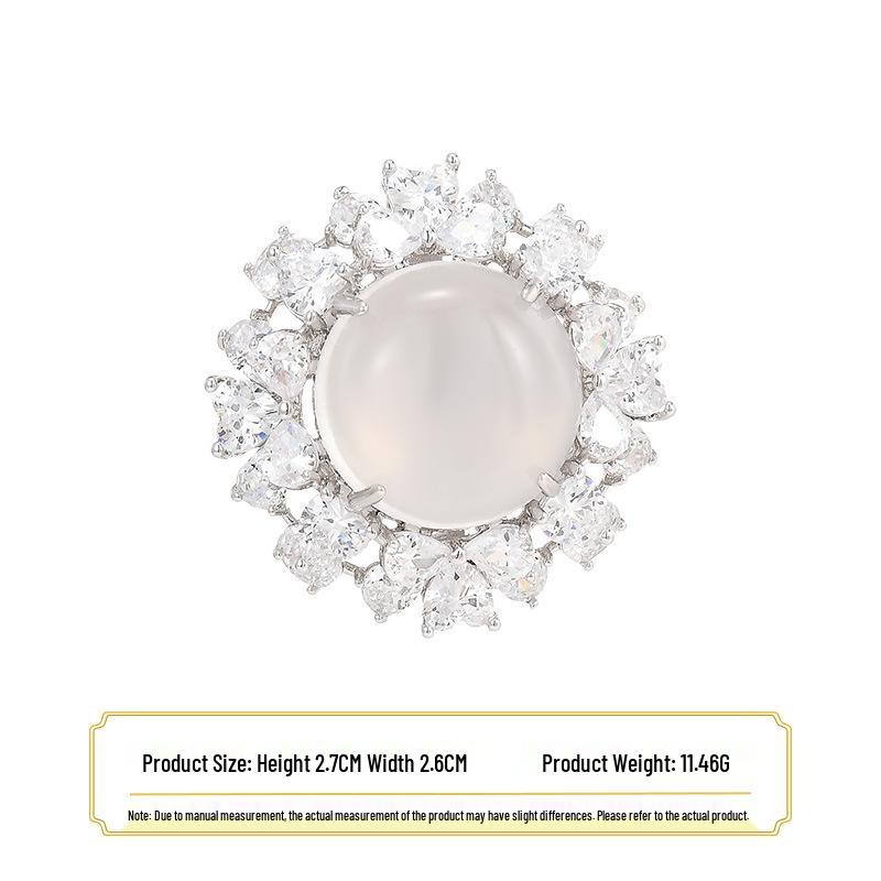 Ice Jade White Jade Flower Bloom Ring - High-End Diamond Paved Luxury Banquet Jewelry