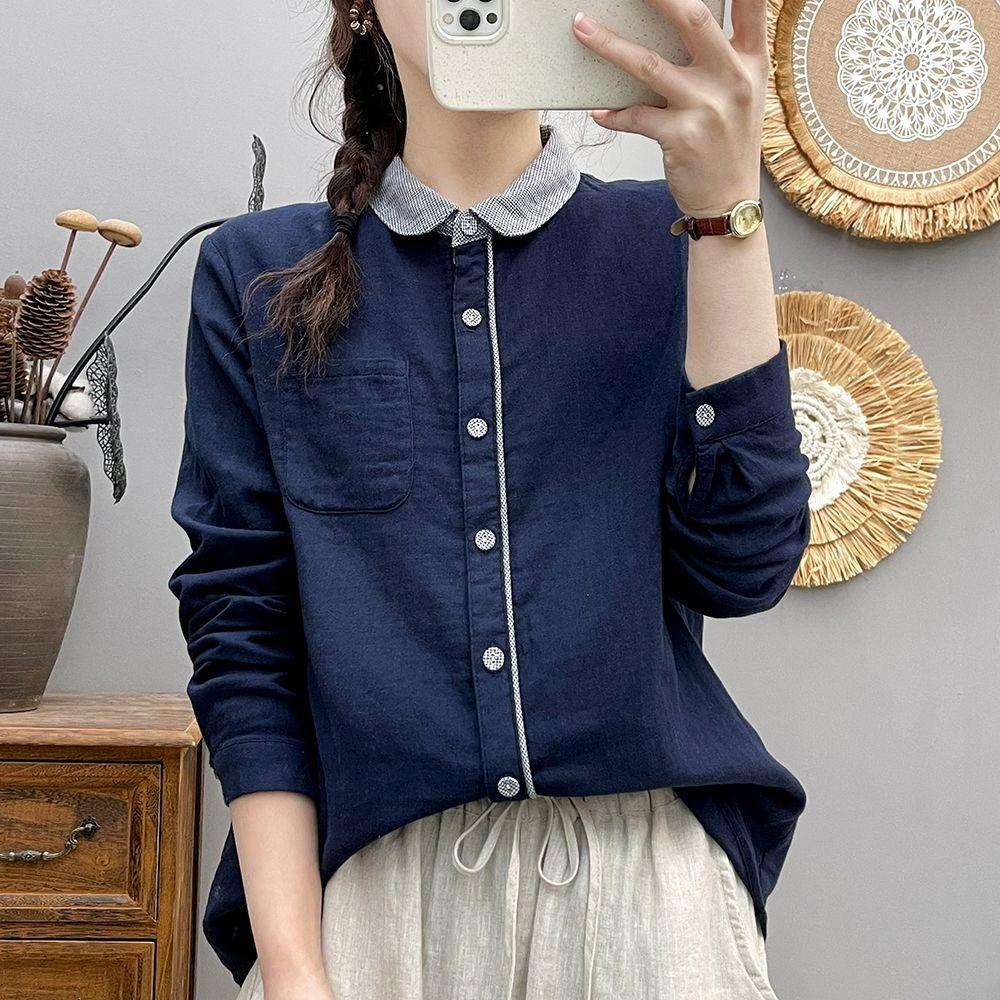 

Youthful Korean Style Cotton Shirt Loose Fit Long Sleeve Vintage Peter Pan Collar Blouse for Women Spring Autumn Office Wear L темно-синього кольору