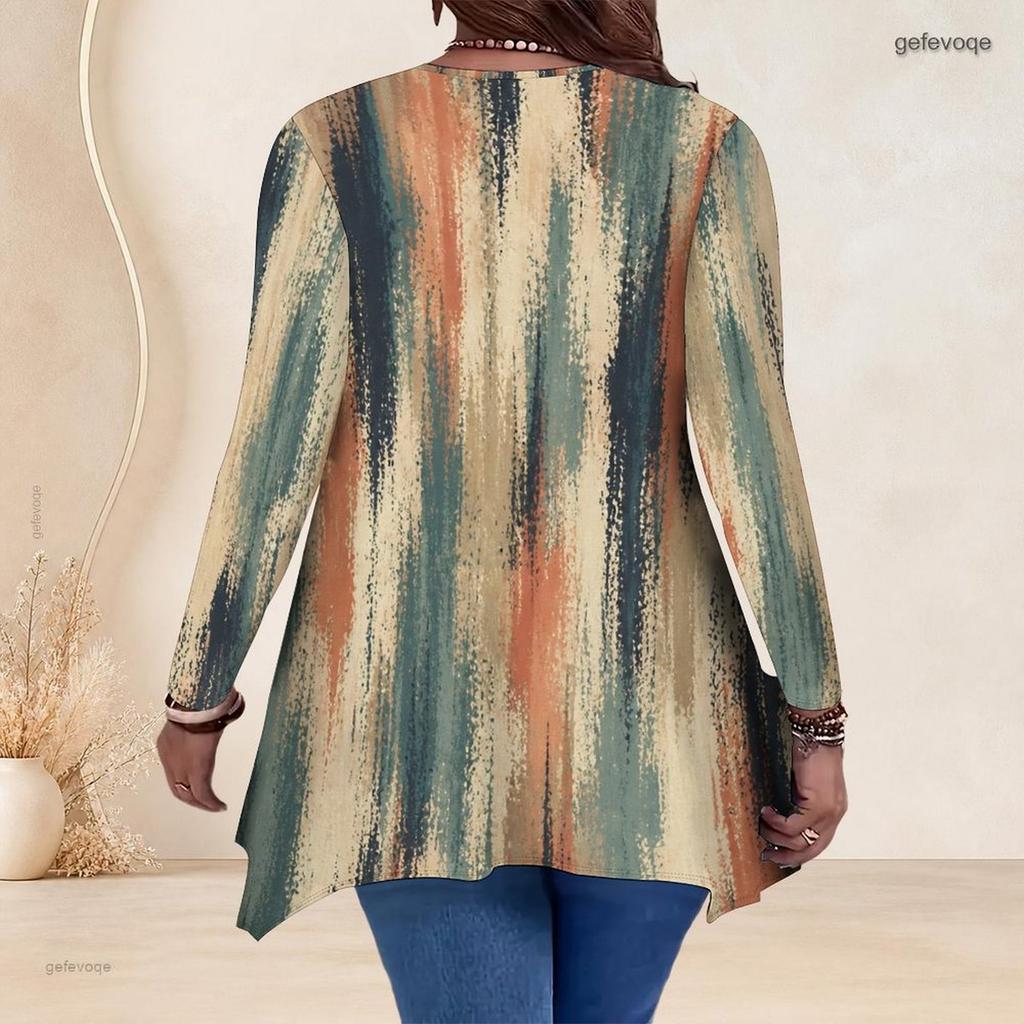 Women Plus Size V Neck Long Sleeve Colorful Printed Asymmetric Hem Flared Tunic Top
