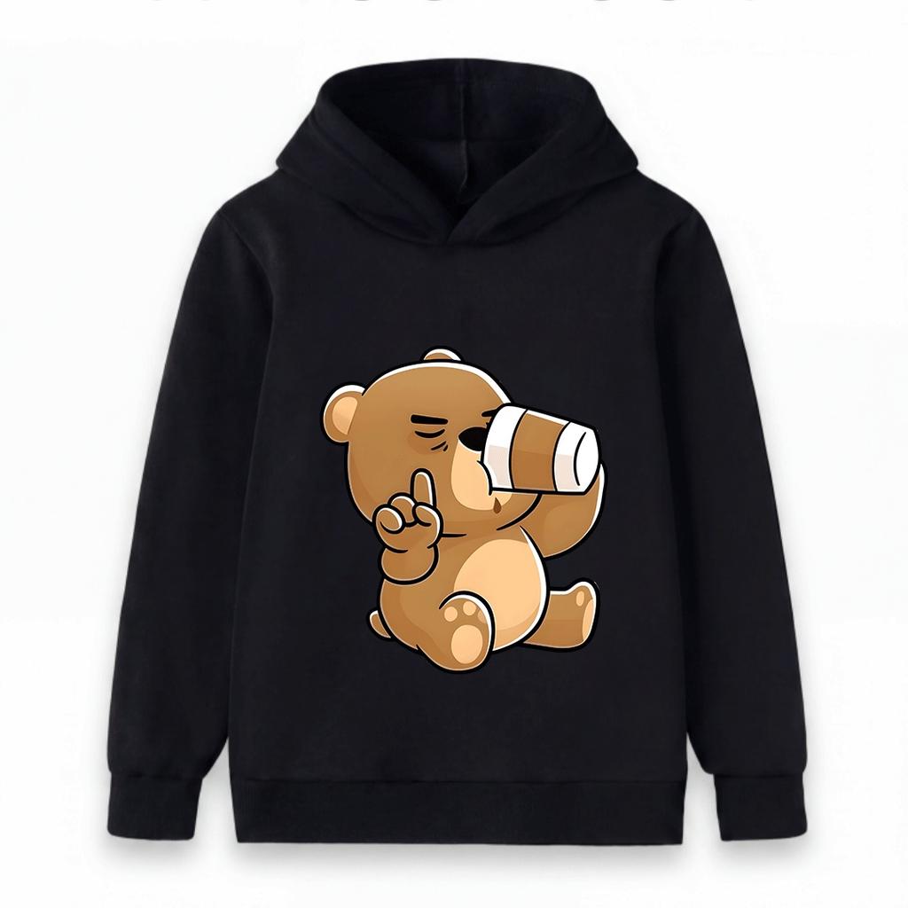 Cartoon Brown Bear Telescope Print Kids Unisex Hooded Sweatshirt Casual Soft Long Sleeve Pullover for Boys Girls