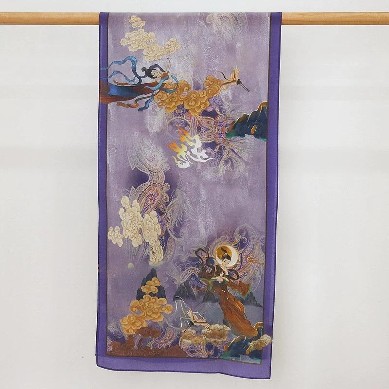 Chinese Style Fairy Dunhuang 100% Pure Silk Scarf for Women INS Luxury Hangzhou Long Silk Scarf 140x35cm