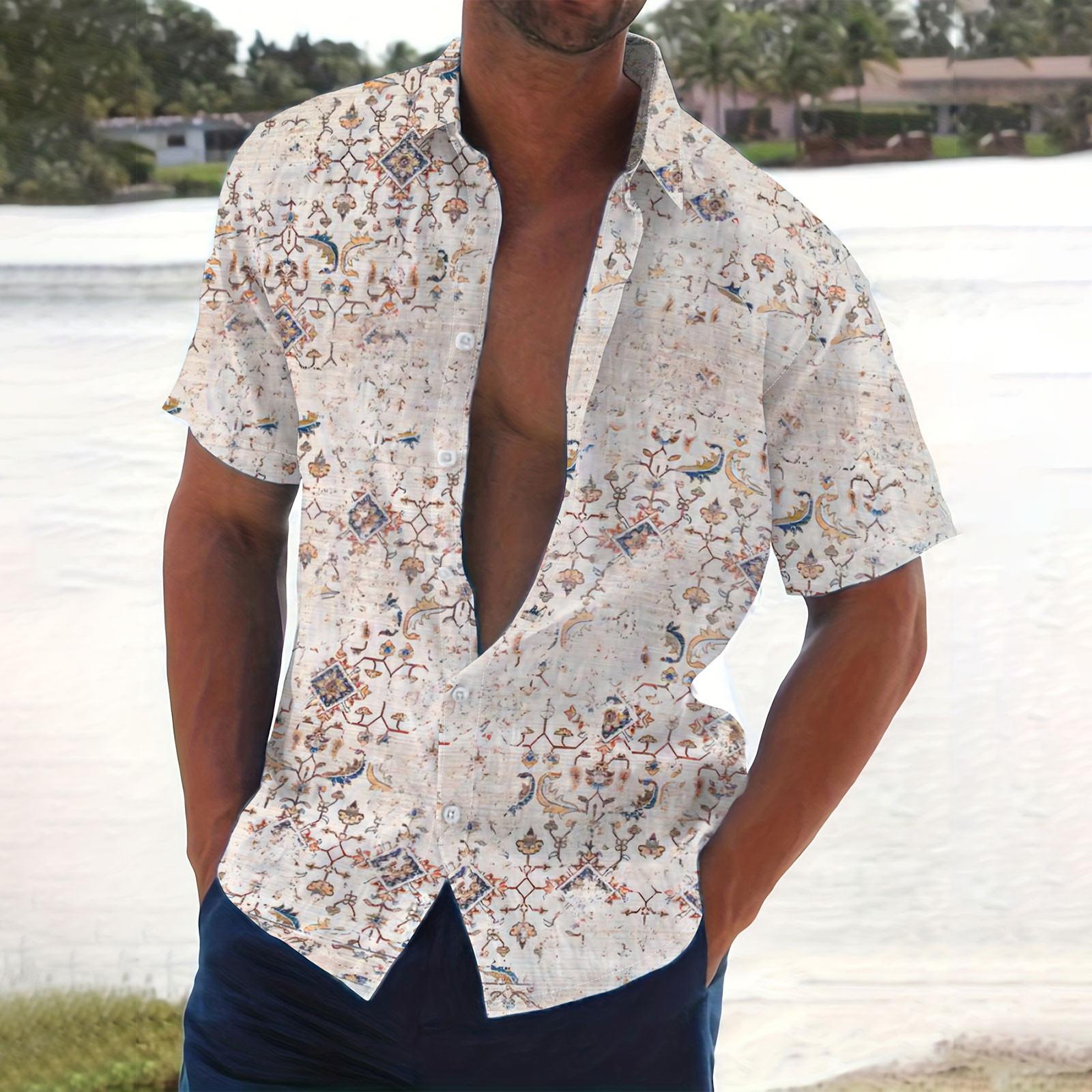 

Мужская летняя новая свободная рубашка с коротким рукавом с принтом, кардиган, пляжная рубашка M бежевый