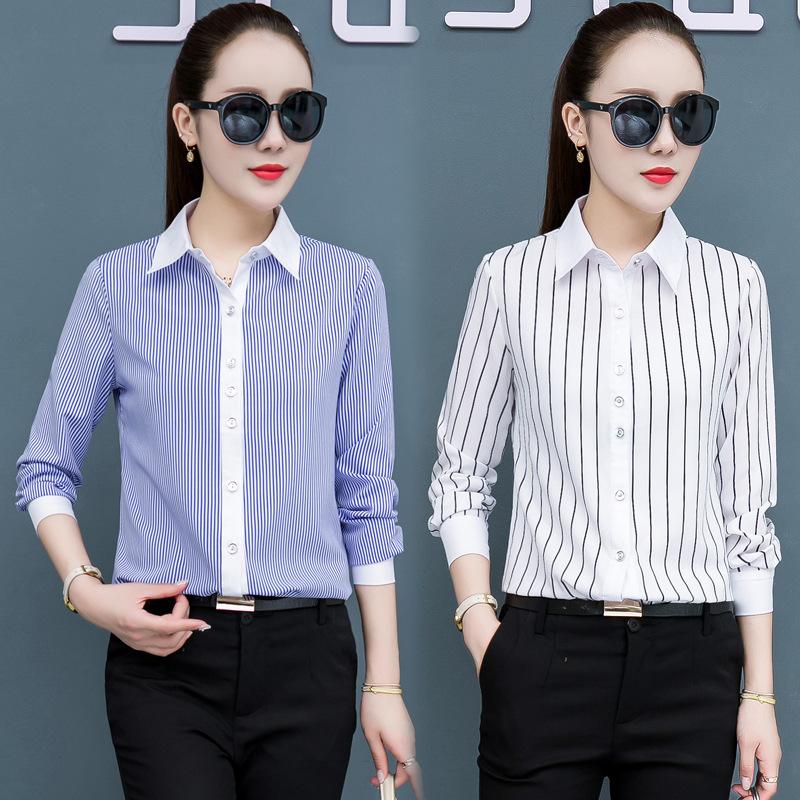 Women's White Striped Shirt Korean Version Spring and Autumn Shirt Professional Shirt Top for Women