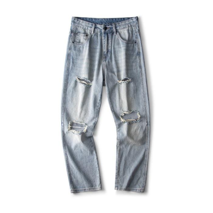 

Весна и Лето Новые Рваные Прямые Джинсы Микро-клеш Ностальгический Синий Деним Город 40