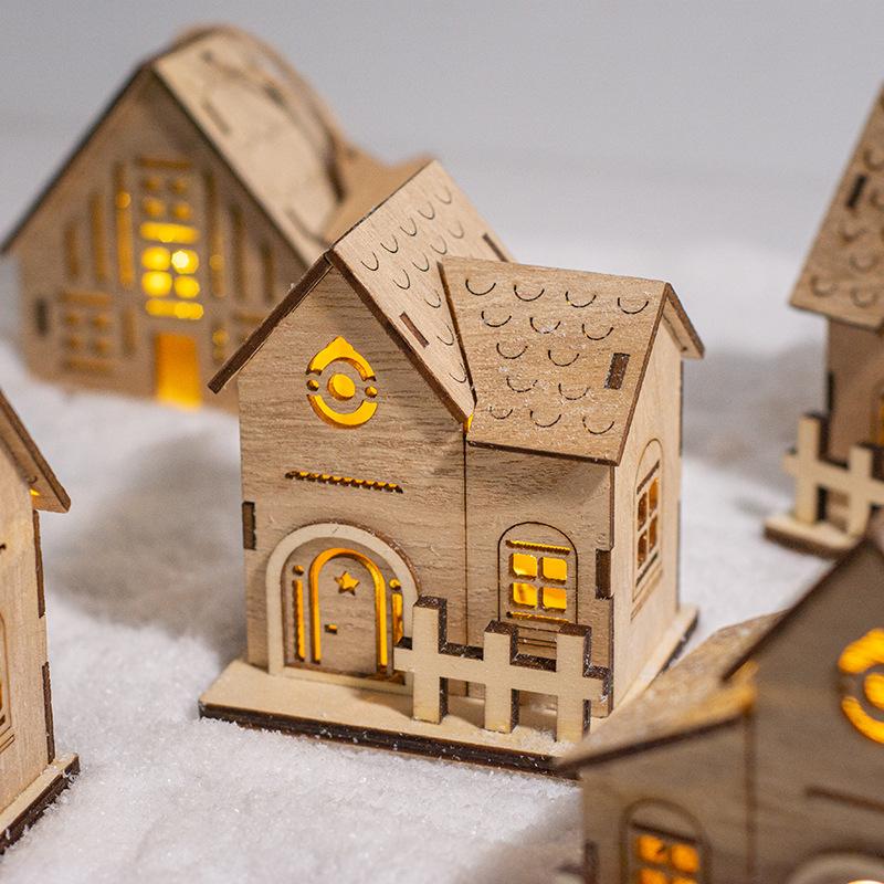 Christmas Wooden Atmosphere Luminous Small Wooden House Decorations Home Furnishings Holiday Wooden Handicraft Decorations