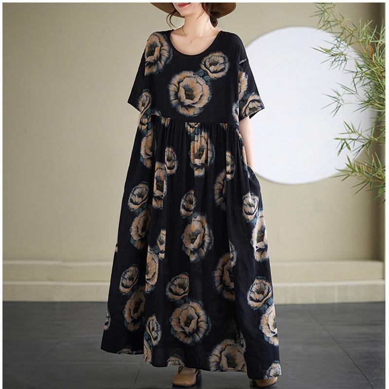 Kortärmad Plus size bomull vintage blommig ny i klänningar för kvinnor avslappnad lös lång sommarklänning