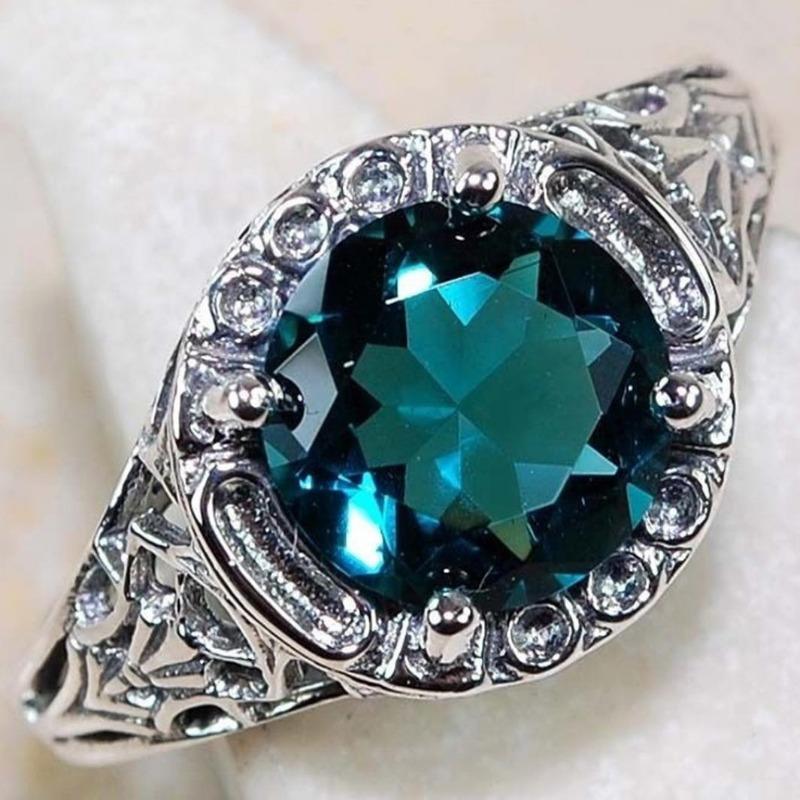 

Vintage Teal Rhinestone Ring with Hollow Carving Design US 10 зелений