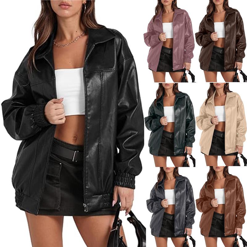 Women's Faux Leather Biker Jacket, Multi-Color Motorcycle Style Outerwear