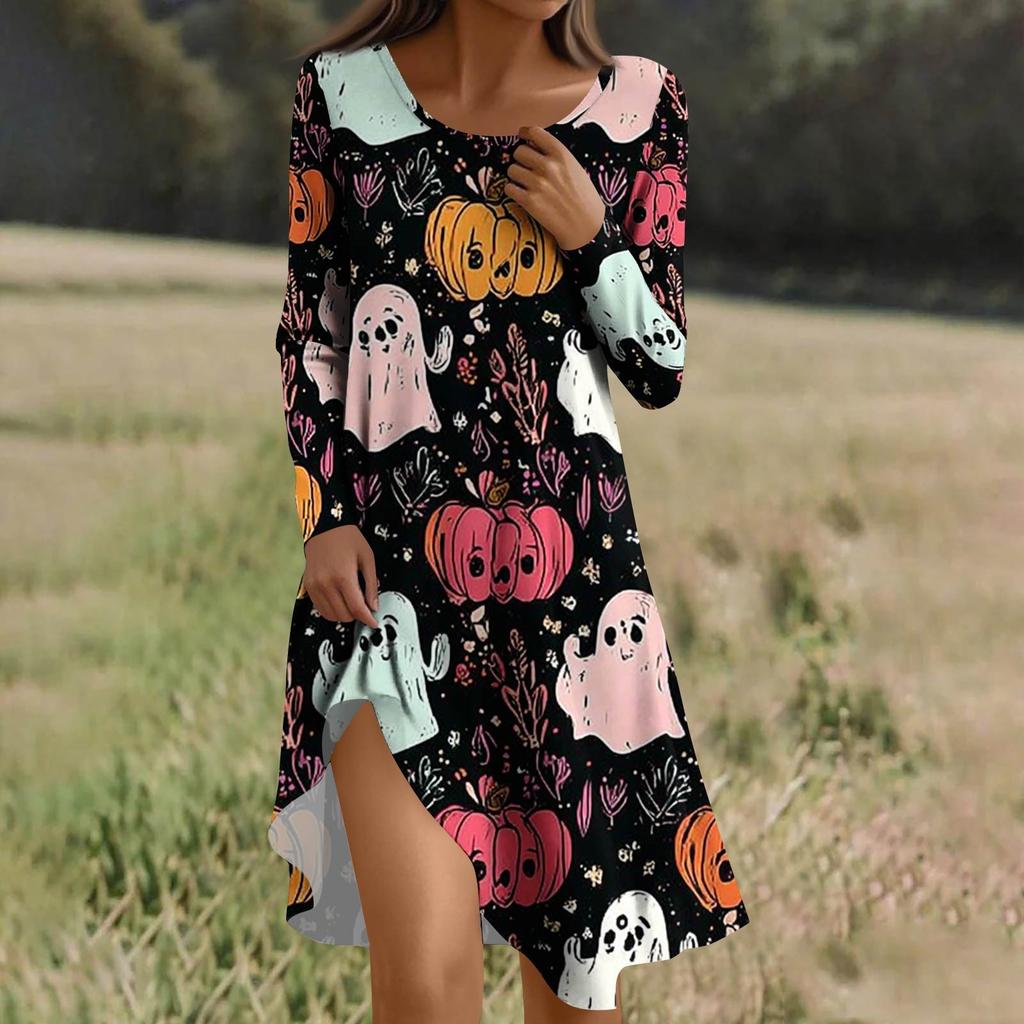 Long Sleeve Dress For Women Casual Loose Fit Print Dress With Pockets