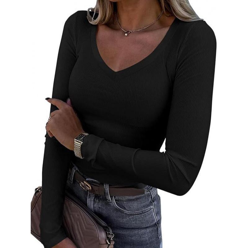 New Style Ribbed Texture Slim Fit V-neck Casual Women's Long Sleeve T-shirt