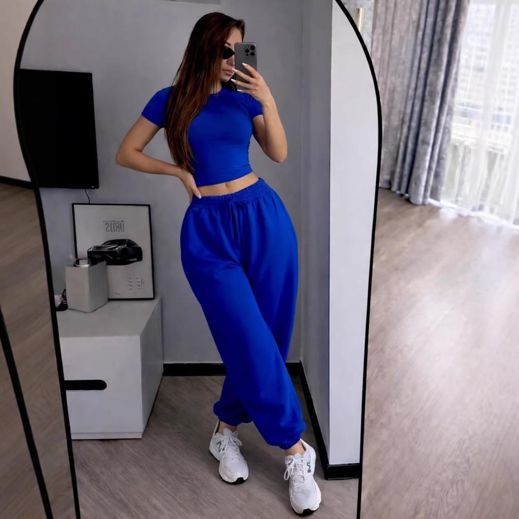 2026 cross-border European and American women's clothing Amazon fashion short waist T-shirt corset sweatpants trousers two-piece set