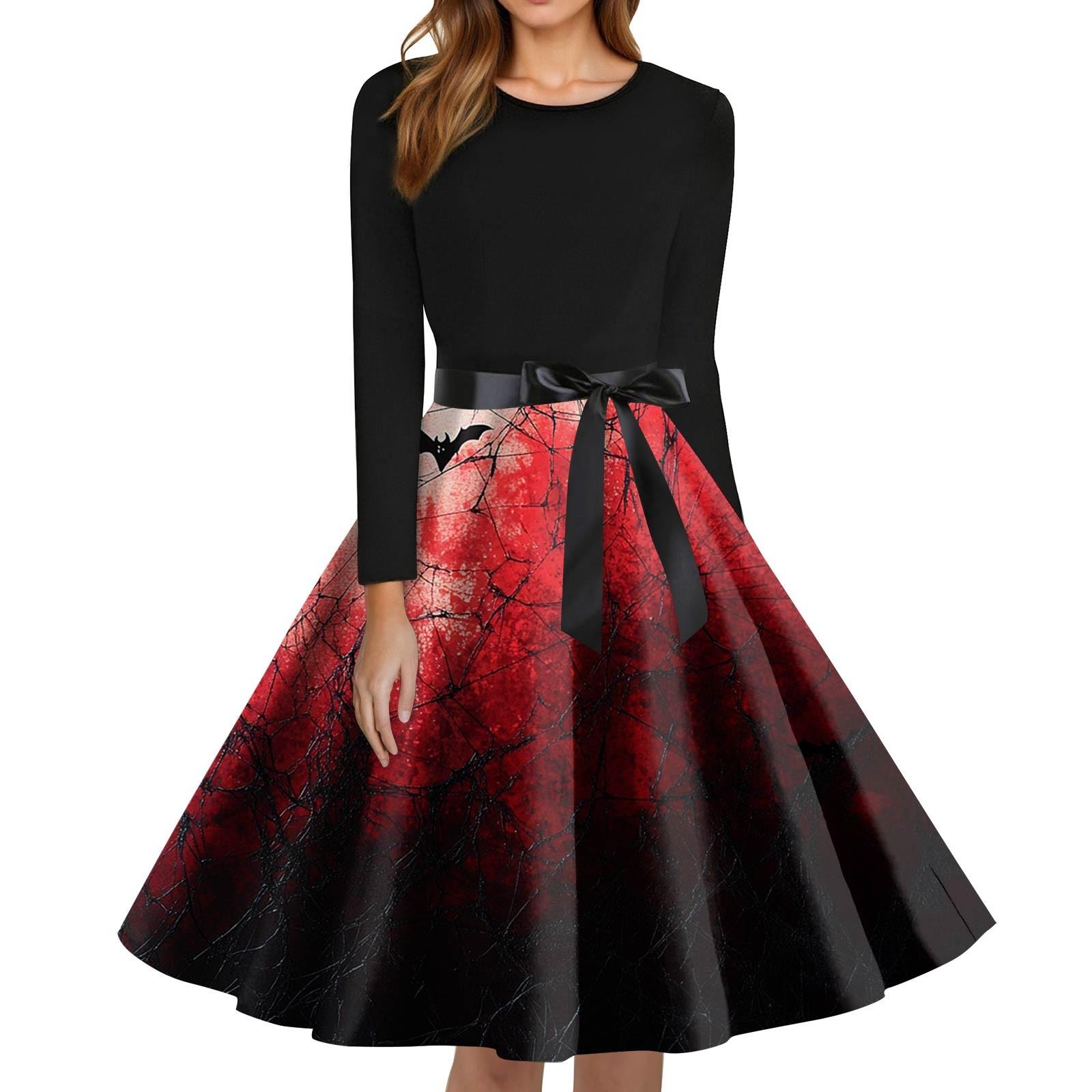 

Women s Fashion O-Neck Casual Slim Fit Halloween Printed Long Sleeve Dress XXXXL винний