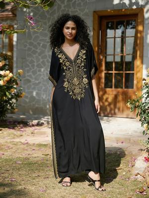 Relaxed Black Women's Kaftan Robe Gold Embroidered Long Dress Lounge wear Homewear Swimsuit cover-up Q1642