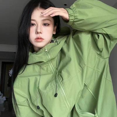 Harajuku Yeşil Ceketler Kadın Y2k Streetwear Mont Büyük Boy Sonbahar Açık Büyük Boy Vintage Ceket Trend Ürünleri