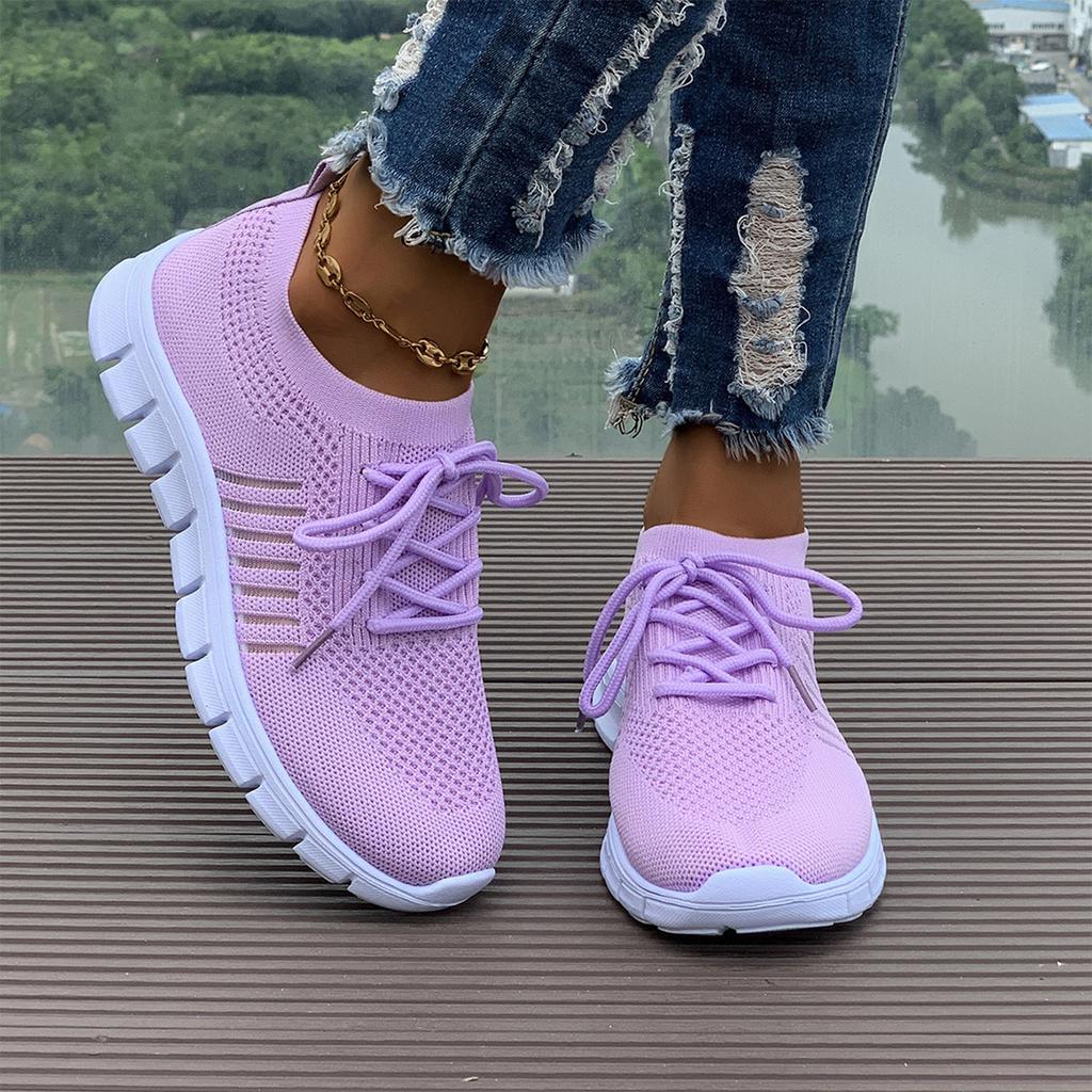 Women's Flyknit Mesh Breathable Athletic Shoes Low Cut Lace Up Platform Sole Casual Sneakers for Everyday Wear