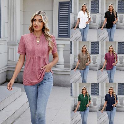 Spring And Summer New Short-sleeved Solid Color Pleated V-neck Striped T-shirt Tops For Women