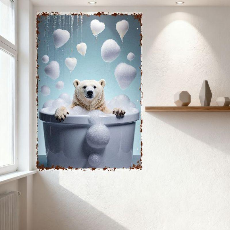 Polar Bear in White Bathtub with Bubbles Heart Shapes Metal Tin Sign Vintage Rustic Home Decor Wall Art for Man Cave Bar Cafe Cl