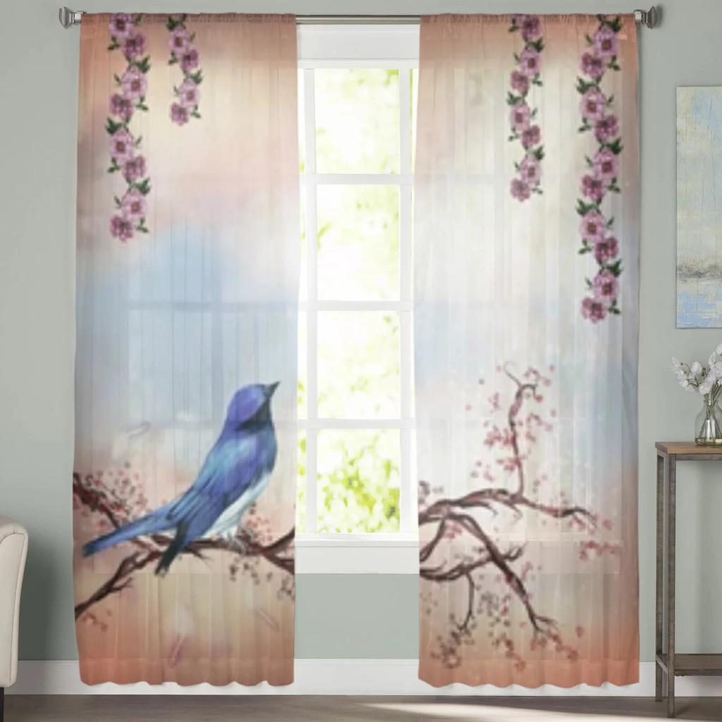 Blue Bird On A Flowered Branch Chiffon Sheer Curtains For Living Room Bedroom Decoration Window Tulle Curtains Drapes