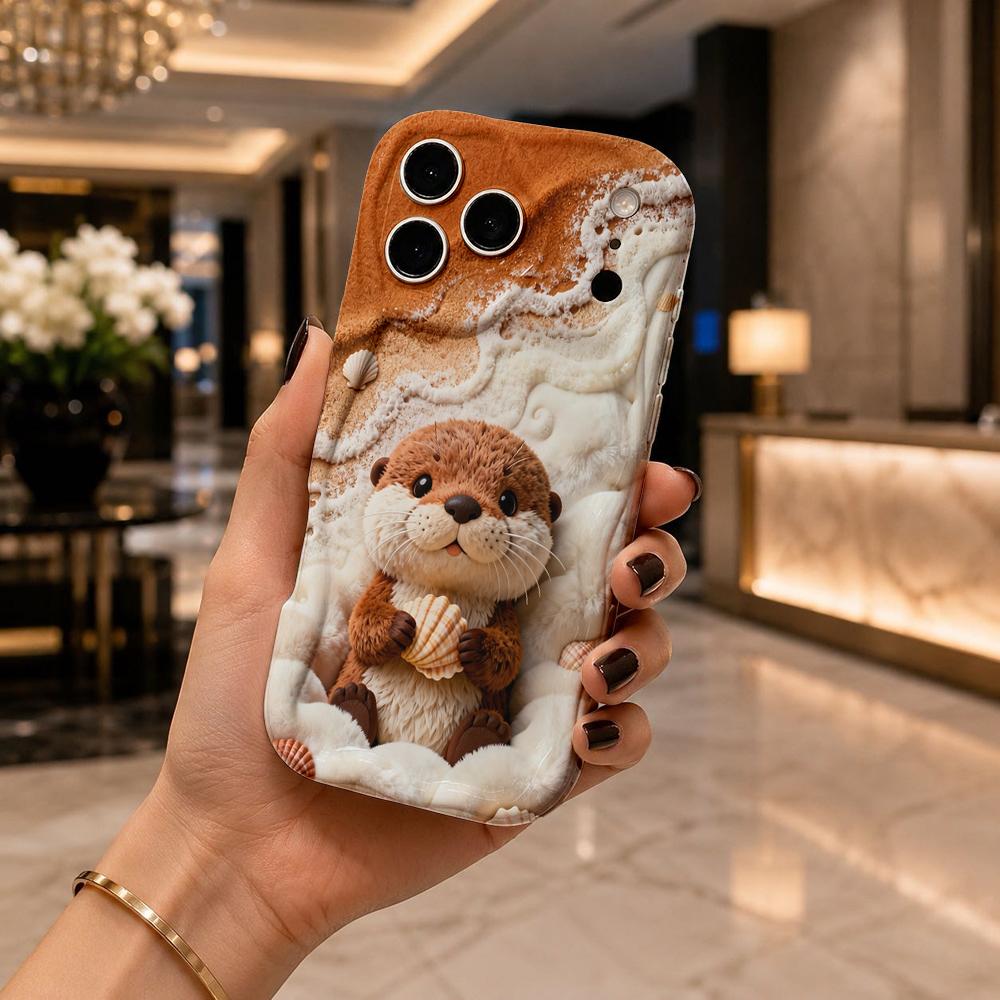 Fluffy Otter Beach Shell Wavy Edge Phone Case For iPhone 17 16 15 14 13 12 11 8 7 Plus Pro Max Cute Animal Soft Cover