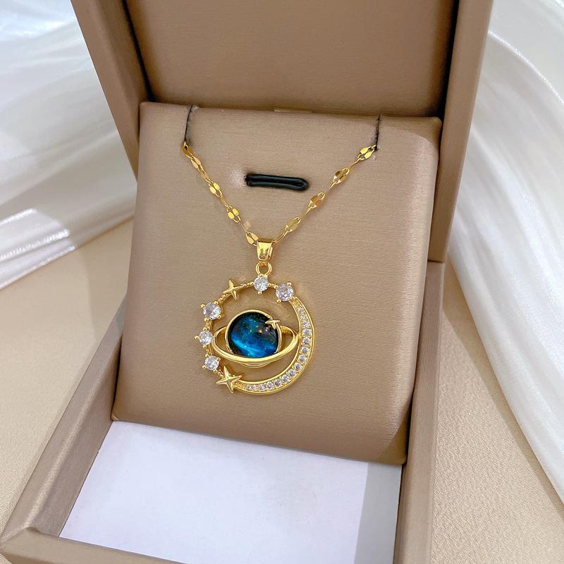Titanium Steel Starry Sky Planet Diamond Necklace - Luxurious Clavicle Chain for Women