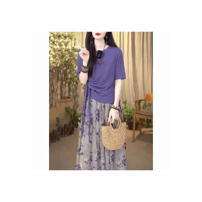 Chic Irregular Short Sleeve Top & Floral High Waist Midi Skirt Set