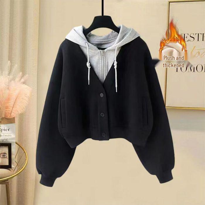 Plus Size Versatile Two-Piece Look Loose Hoodie for Women - Fashionable, Age-Reducing, Thickened Velvet Design S