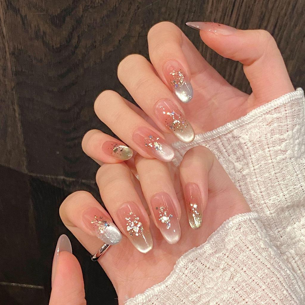 Yihe Energetic Rainbow Cat Eye Bling Blush Handmade Press-on Nails