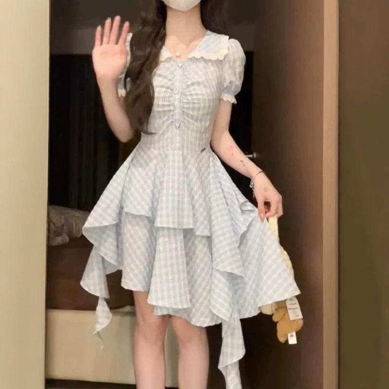 Blue plaid doll collar dress women's summer small retro college style design irregular short skirt