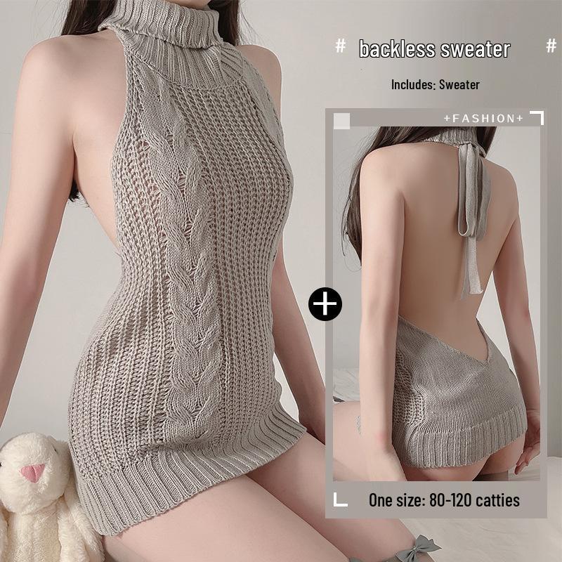 Seductive Knitted High Collar Backless Lingerie Dress