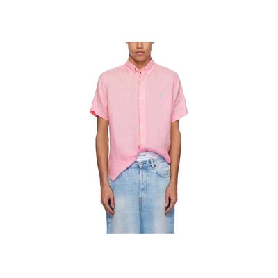 Polo Solid Color Logo Embroidered Button Short Sleeve Shirt Men Shirts Pink 710966293-006
