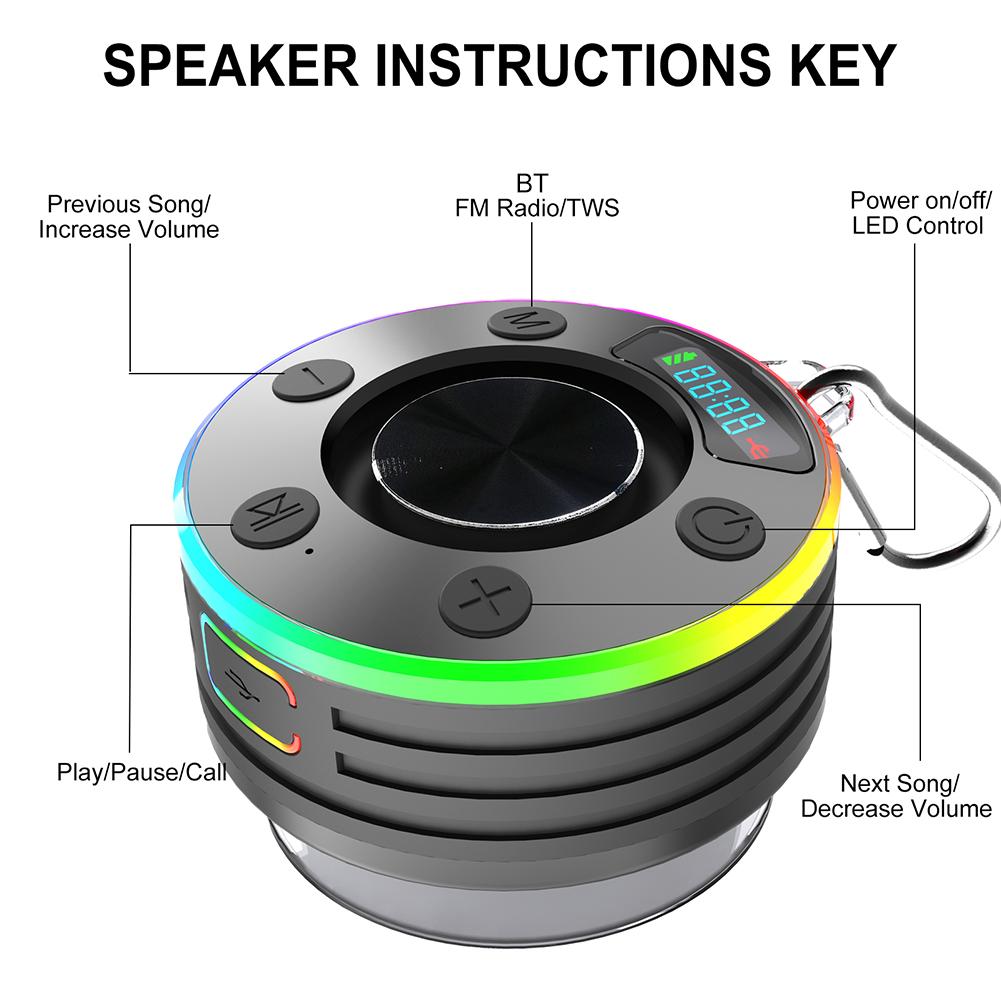 Bluetooth-Compatible 5.3 Shower Speaker FM Radio Stereo Subwoofer IPX7 Waterproof Wireless Speaker with Suction Cup for Bathroom