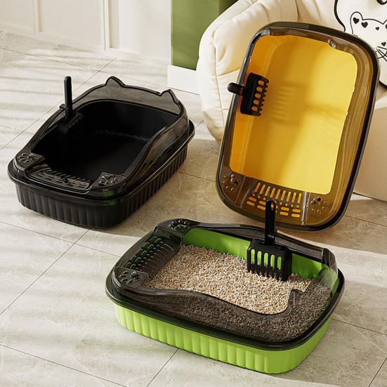 Open Top Cat Litter Box with High Side Anti-Splashing Kitten Litter Pan Semi-Enclosed Cat Toilet with Litter Sifting Scoop