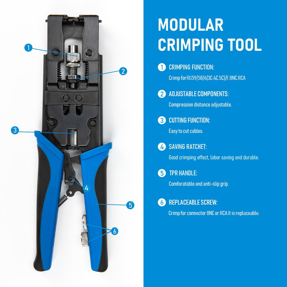 F/BNC/RCA RG6 Industrial Grade Carbon Steel Crimping Compression Pliers for Coaxial Cable Crimper with Wire Stripping Cutting
