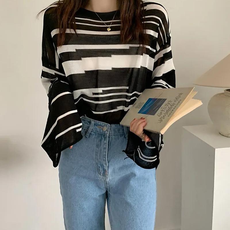 

Свободные топы, женские футболки с длинными рукавами, повседневные пуловеры в нерегулярную полоску, рубашки для женщин, летние тонкие трикотажные футболки S чёрный