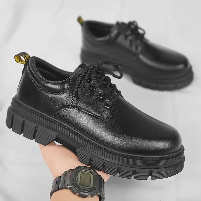 Men's Black Lace-Up Leather Shoes: Casual, Formal, Height-Boosting, Round Toe