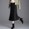 Elegant Black Mid-Length Fishtail Skirt - Autumn/Winter, Elastic High Waist, Plus Size Women's Clothing