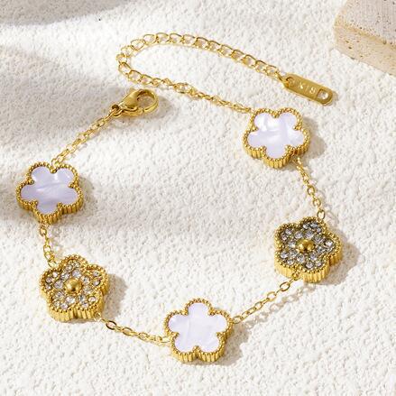 Lucky Five-Leaf Clover Beaded Bracelet for Women Classic Fashion Minimalist Gold Plated Stainless Steel Jewelry