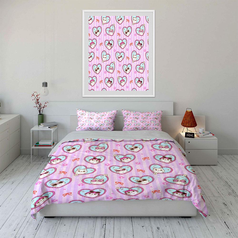 Cute Heart And Cat Pattern Background Duvet Cover Set With 3D Printing Design Soft Polyester Bedding Set All-Season Comfort