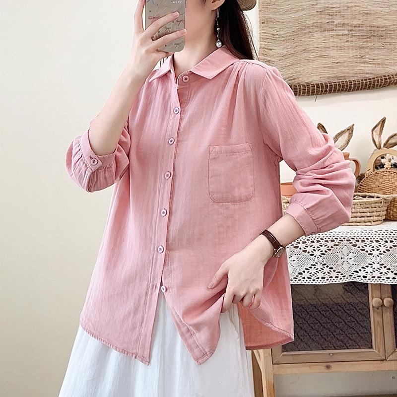 New spring and autumn pure cotton double-layer cotton yarn long-sleeved shirt women's loose and thin temperament casual literary and retro style shirt