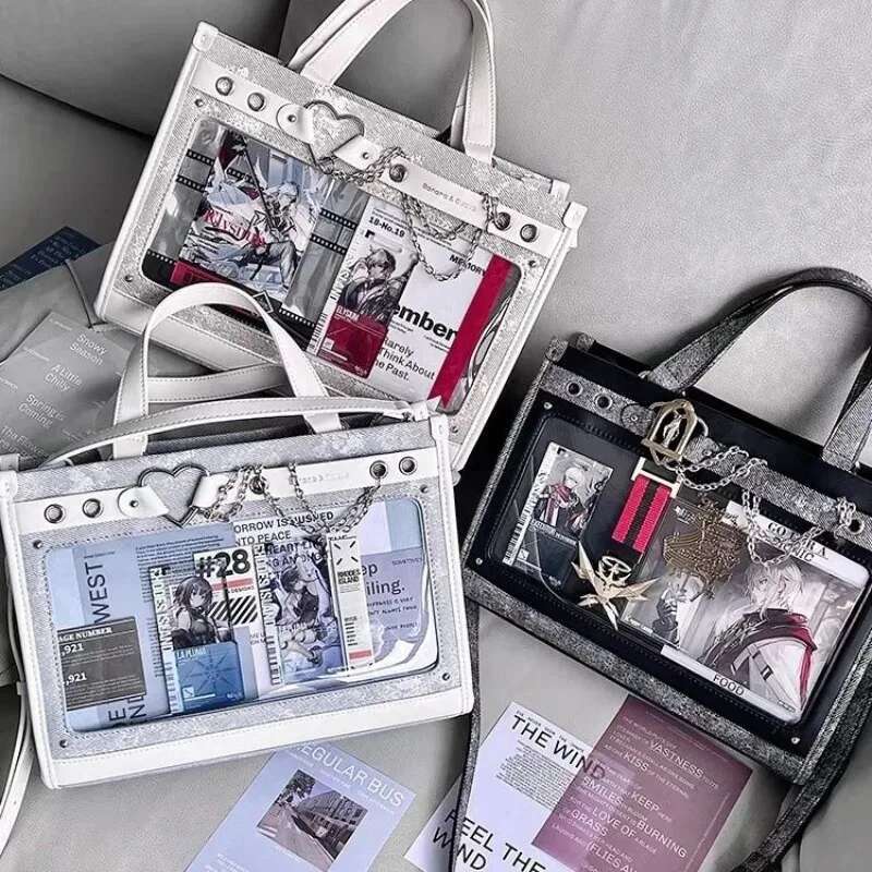 Y2K Women Fashion Denim Ita Shoulder Bag Cute Girl Transparent Pocket High-Capacity Crossbody Bag New Lolita DIY Display Handbag