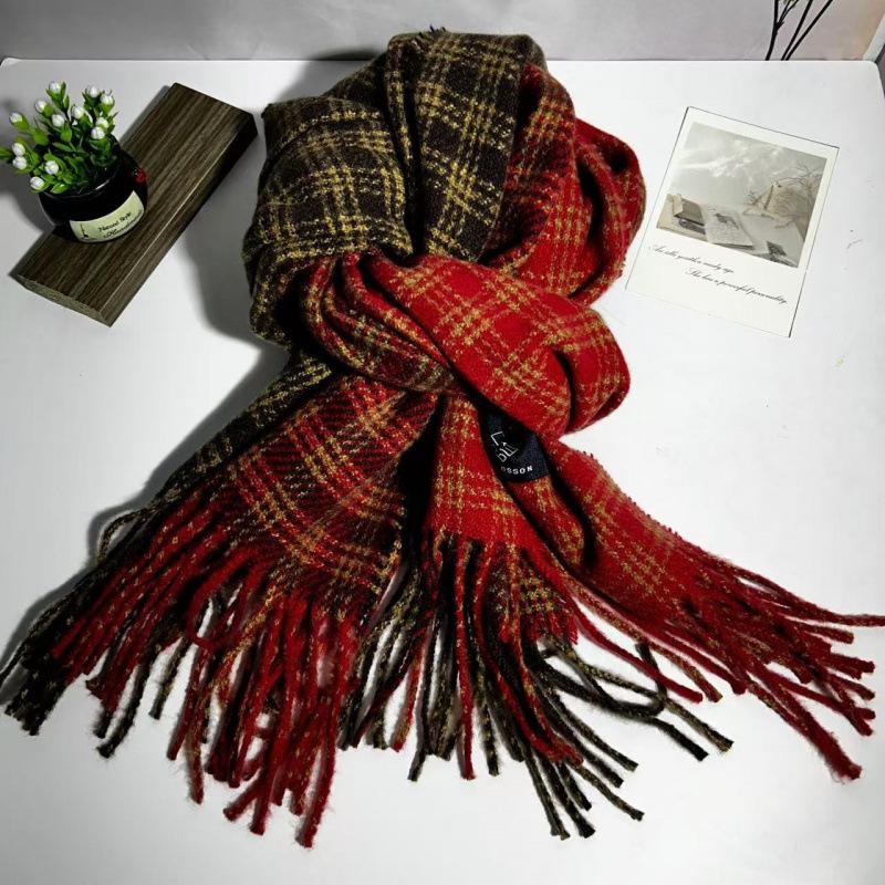 Plaid Scarf Women's Winter Korean Style Atmosphere Neck Protector Cute Thickened Warm Red Scarf Shawl Thickened with Tassels