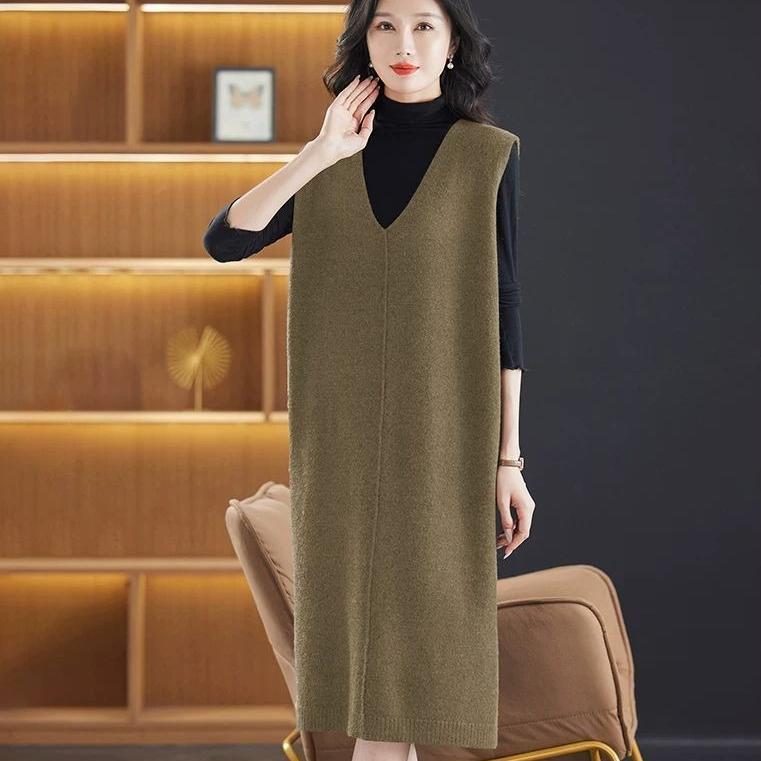 

Платье-жилет средней длины Свободный жилет для иностранных женщин Повседневное платье Однотонное платье без рукавов Вязаное платье XL дубильная кора