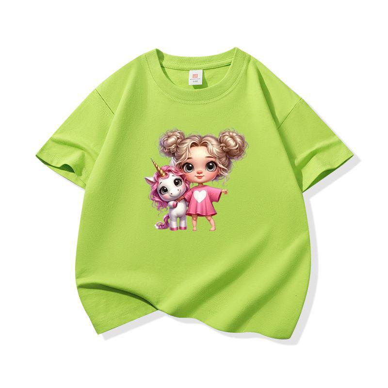 Kids Cotton T Shirt Cute Girl With Unicorn Print Crew Neck Short Sleeve Tee Casual Boys Girls Summer Tops