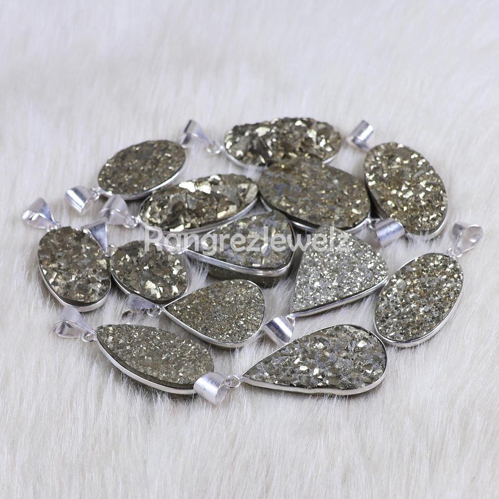 Pyrite Druzy Pendant Sterling Silver Pendant Rough Pyrite Pendant Bezel Pendant Mix Shape Pyrite Gemstone Pendant Gold Pyrite Necklace Jewelry