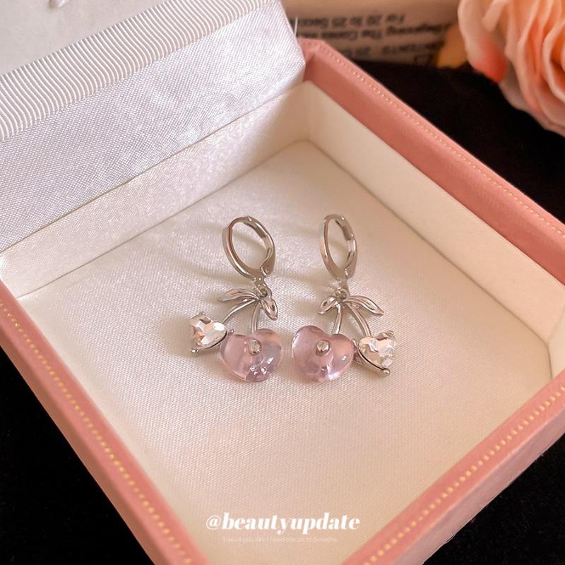 Girl sweet cool style ins love cherry pendant ear buckle sweet cute design earrings daily versatile accessories