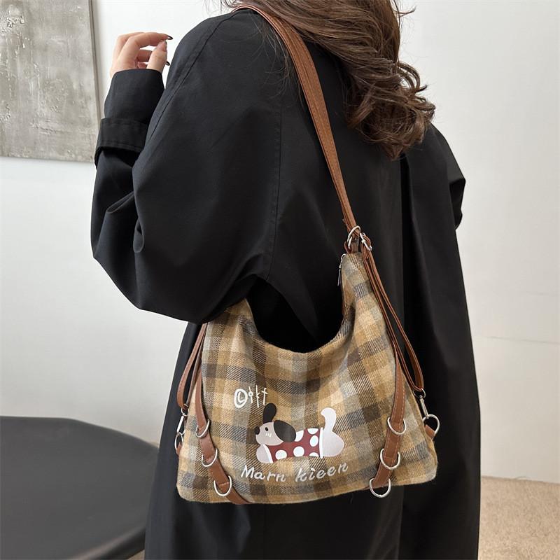 Letters Kieen Marn Cotton Tote Bag Plaid Pattern Soft Structure Work Travel