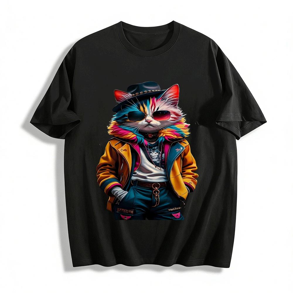 Cool Colorful Anthropomorphic Cat Print Streetwear Casual Top Pure cotton T-shirt XXS