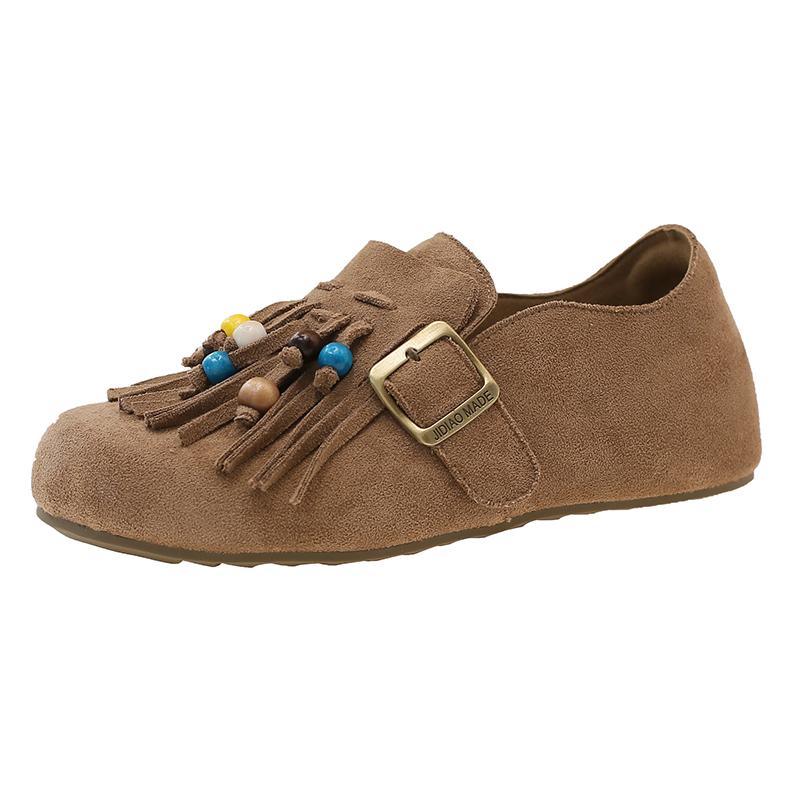 Fashion 2025 New Suede Round Toe Flats Spring Autumn New Slip-on Fashion Ladies Shoes Buckle Tassel Ethnic Novelty Women's Shoes