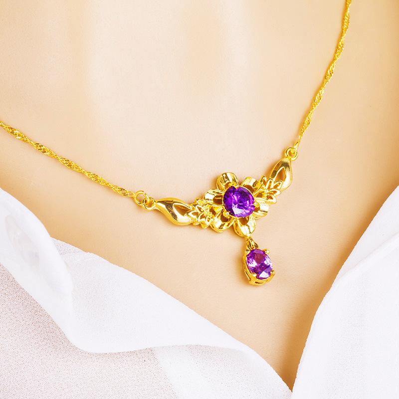 Amethyst Zircon Gold-plated Sunflower Necklace for Women, Gold Gemstone Pendant, Sand Gold Clavicle Necklace for Girls